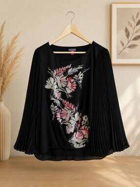 Black Floral Pleated-Sleeve Women's Top
